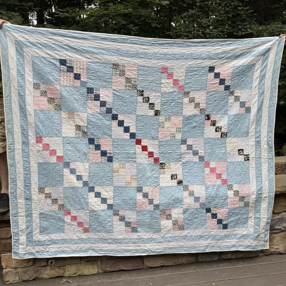 Vintage Hand Quilted Patchwork Quilt Full Blue Pink Cottage Farmhouse Cotton